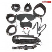 Подарочный набор для БДСМ (наручники, оковы, маска, кляп, плеть, ошейник, верёвка, зажимы) черный 