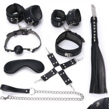 Подарочный набор для БДСМ (маска, ошейник, кляп, фиксатор, наручники, оковы, плеть) черный