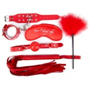 Подарочный набор для БДСМ (наручники, маска, кляп, плеть, щекоталка с пухом) красный 
