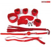 Подарочный набор для БДСМ (наручники, оковы, маска, кляп, плеть, ошейник, верёвка, зажимы) красный 